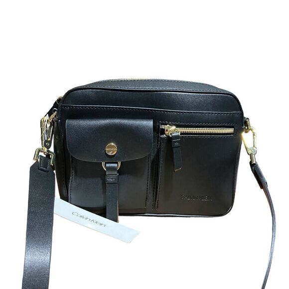 Calvin Klein‎ Bag WMNS Black Rossa Crossbody Faux Leather Gold Travel Luxury Zip - Picture 1 of 9